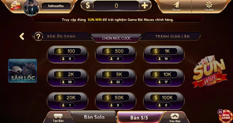 Cổng game sun win cung cấp nhiều bàn cược sâm lốc online